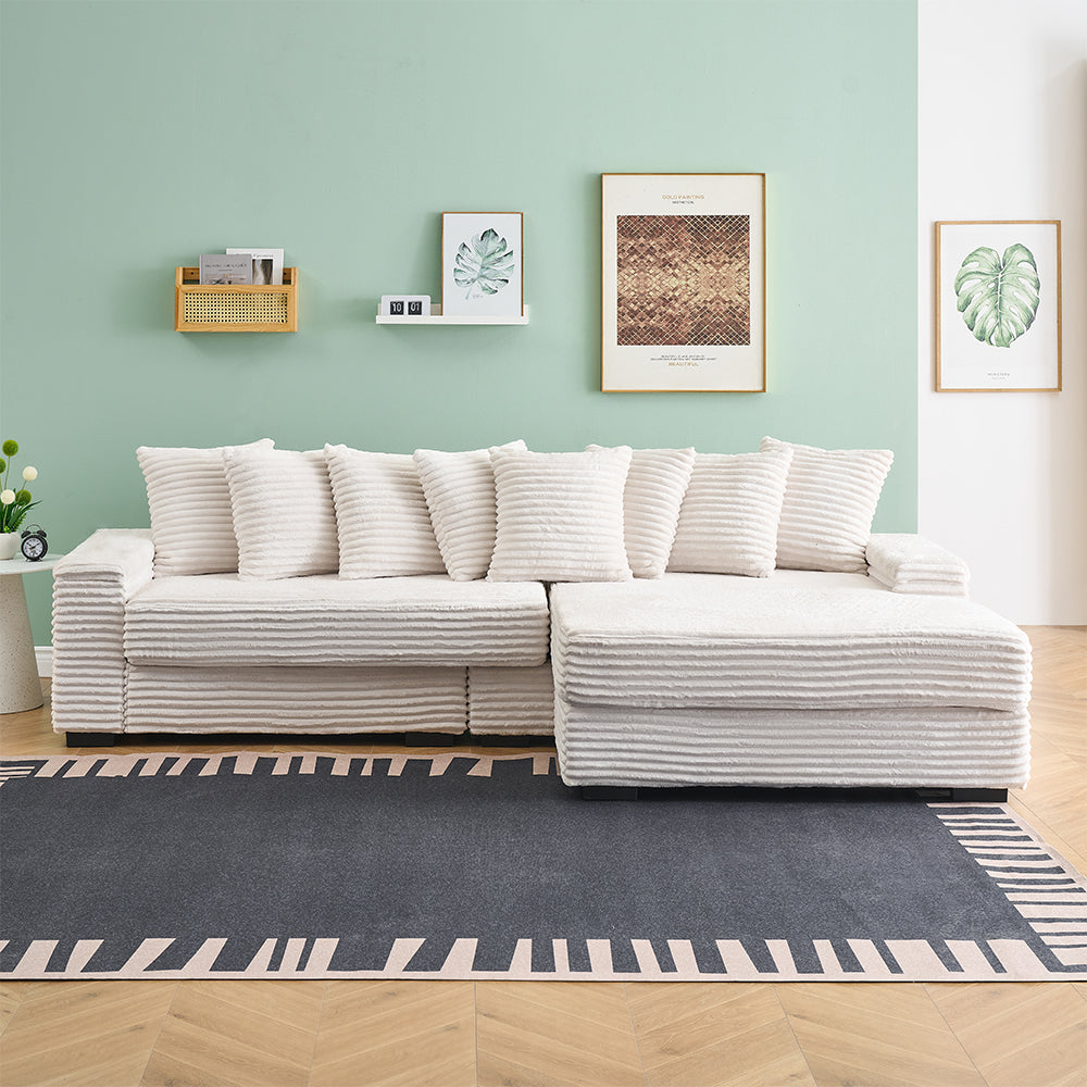 111.4 "Beige flannelette sofa, elegant shelter choice - living room, bedroom, office ideal companion, with eight exquisite throw pillows, more warm and cozy. Matching foot design.