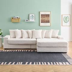 111.4 "Beige flannelette sofa, elegant shelter choice - living room, bedroom, office ideal companion, with eight exquisite throw pillows, more warm and cozy. Matching foot design.
