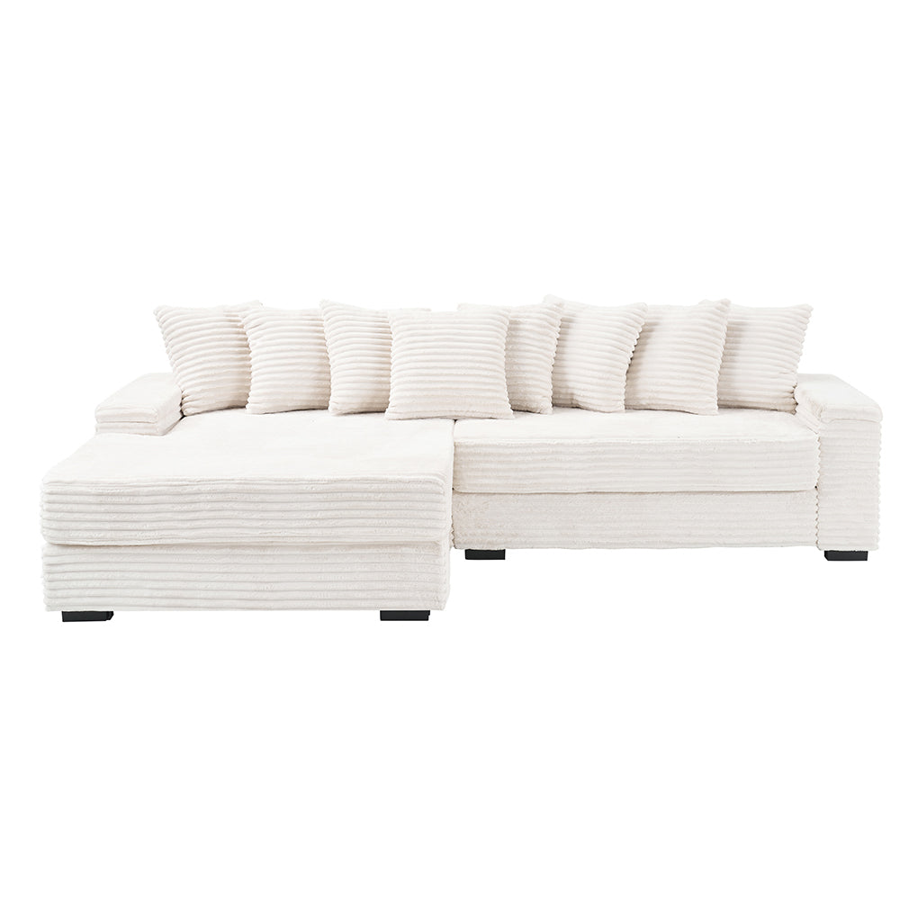 111.4 "Beige flannelette sofa, elegant shelter choice - living room, bedroom, office ideal companion, with eight exquisite throw pillows, more warm and cozy. Matching foot design.