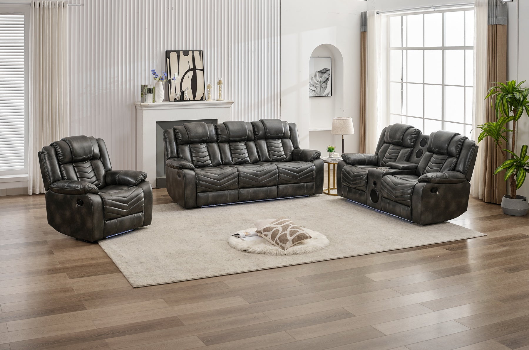 MS Power M073 321 3 Pieces Power Reclining Sofa Sets,Technical leather Power reclining Loveseat Power recliner w/ wireless charger / LED strip for Living Room,Grey