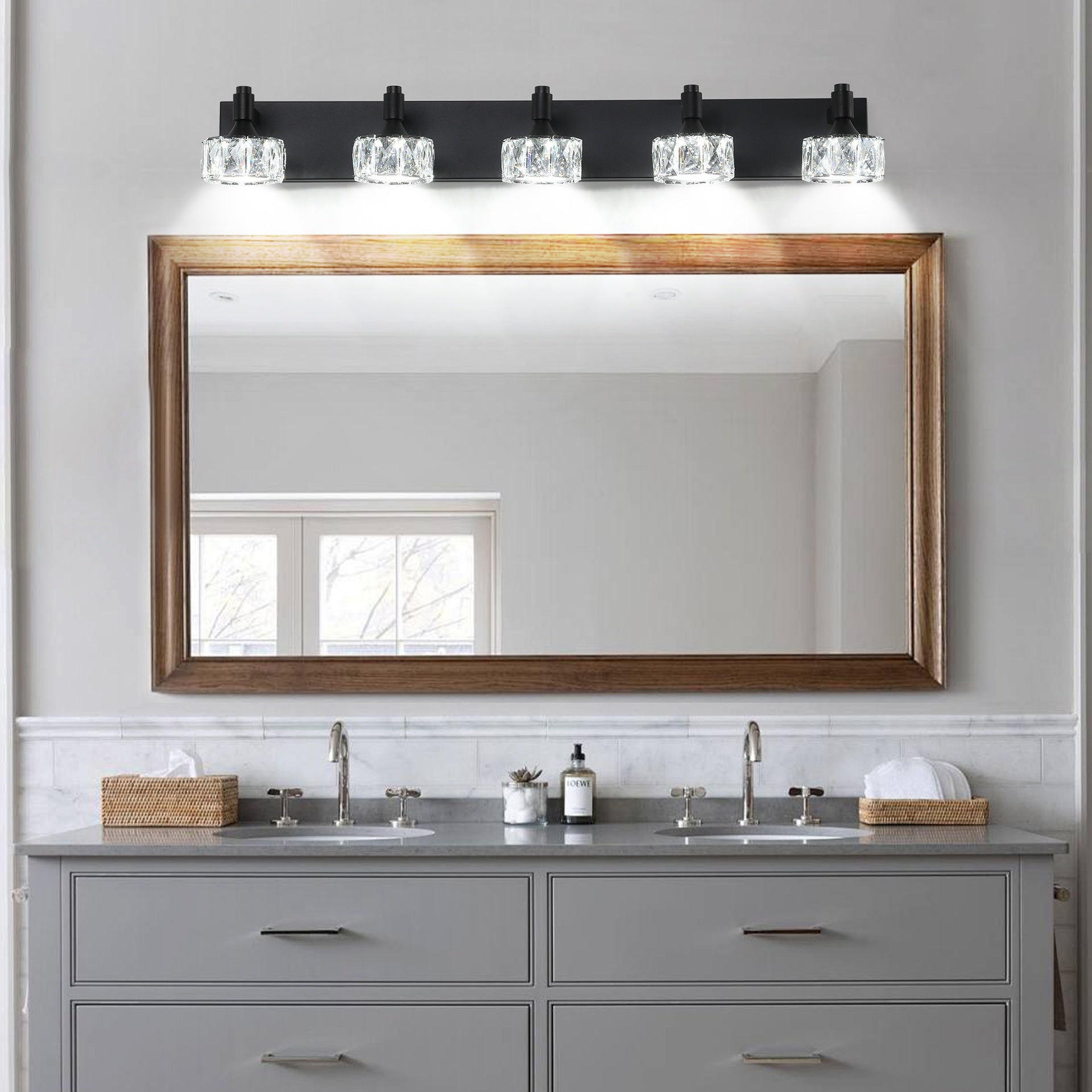 Modern 5-Light Matte Black LED Vanity Light Fixture with Crystal Glass Shades, Bathroom Wall Sconce for Elegant and Contemporary Home Decor