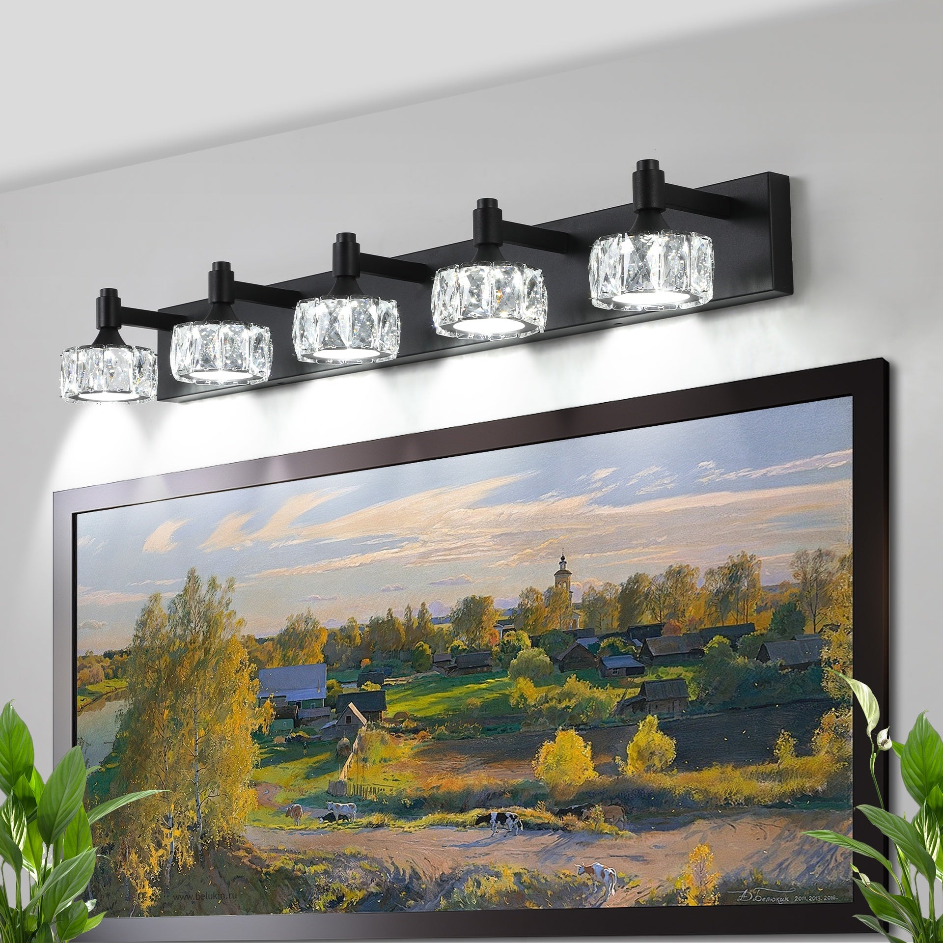 Modern 5-Light Matte Black LED Vanity Light Fixture with Crystal Glass Shades, Bathroom Wall Sconce for Elegant and Contemporary Home Decor