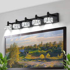 Modern 5-Light Matte Black LED Vanity Light Fixture with Crystal Glass Shades, Bathroom Wall Sconce for Elegant and Contemporary Home Decor