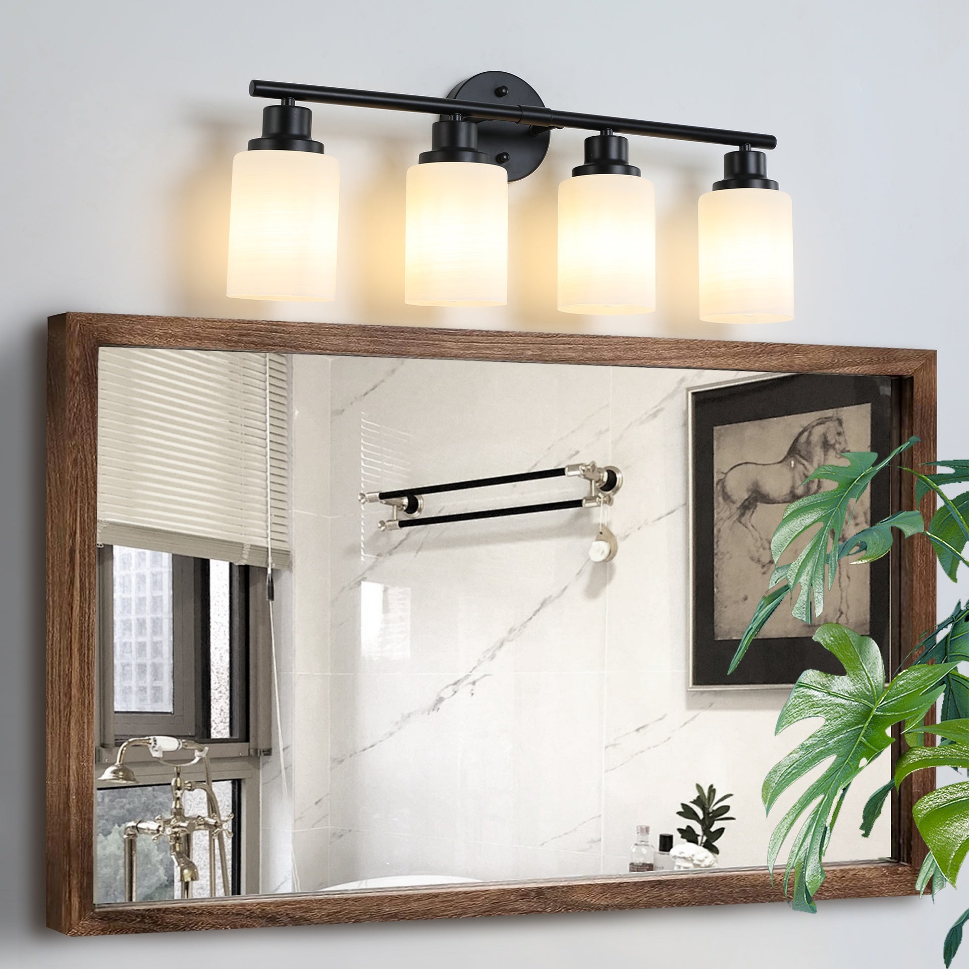 24" Modern 4-Light Vanity Bathroom Mirror Light, Frosted White Glass with Black Iron Frame, Contemporary Wall Sconce for Bedroom, Bathroom, And Dressing Room (Bulb Not Included)