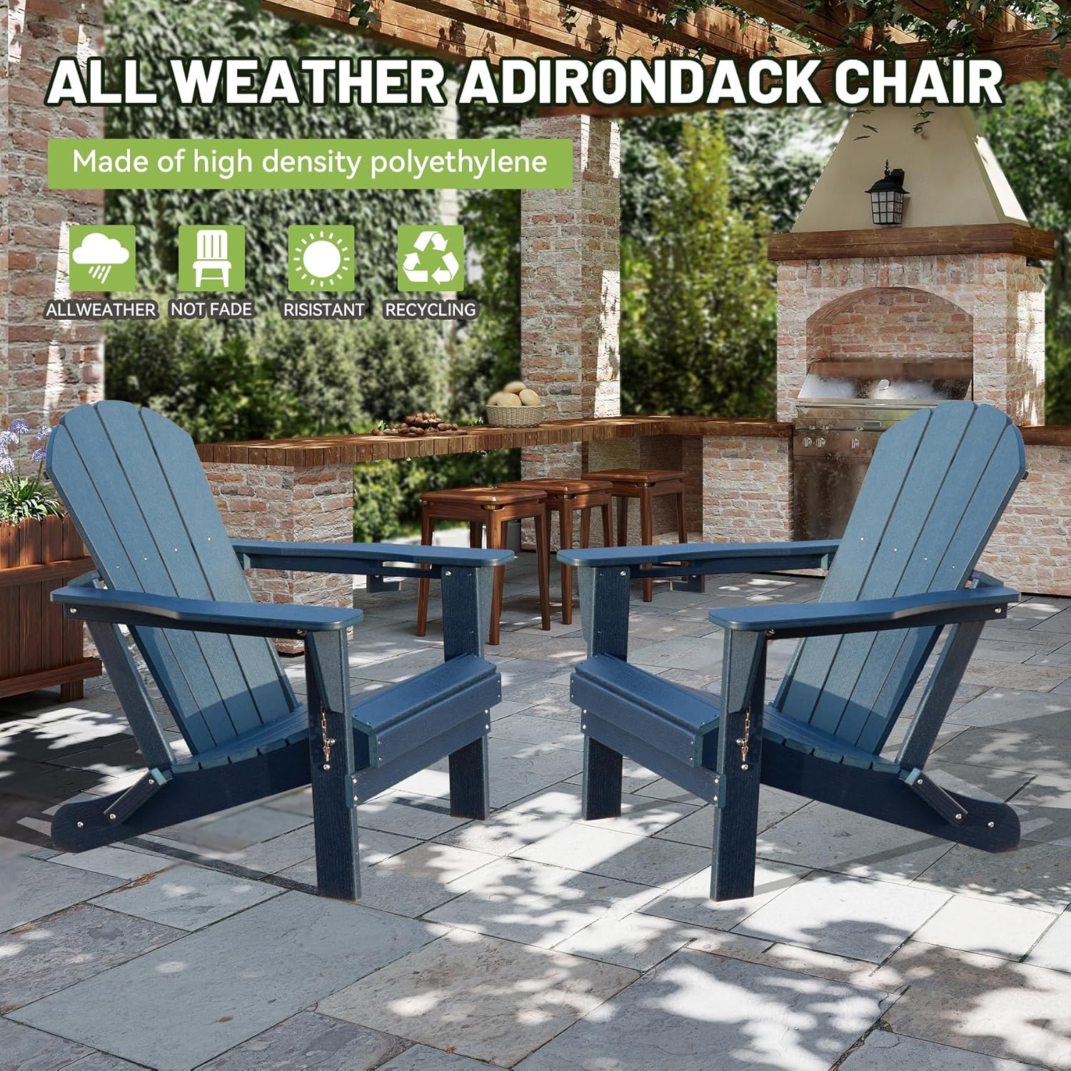 Adirondack Chairs Set of 2, Plastic Adirondack Chair, Adirondack Chairs, HDPE Adirondack Chair, Folding Adirondack Chairs, Outdoor Chairs with Cup Holder for Lawn Patio Deck Fire Pit -Dark Blue