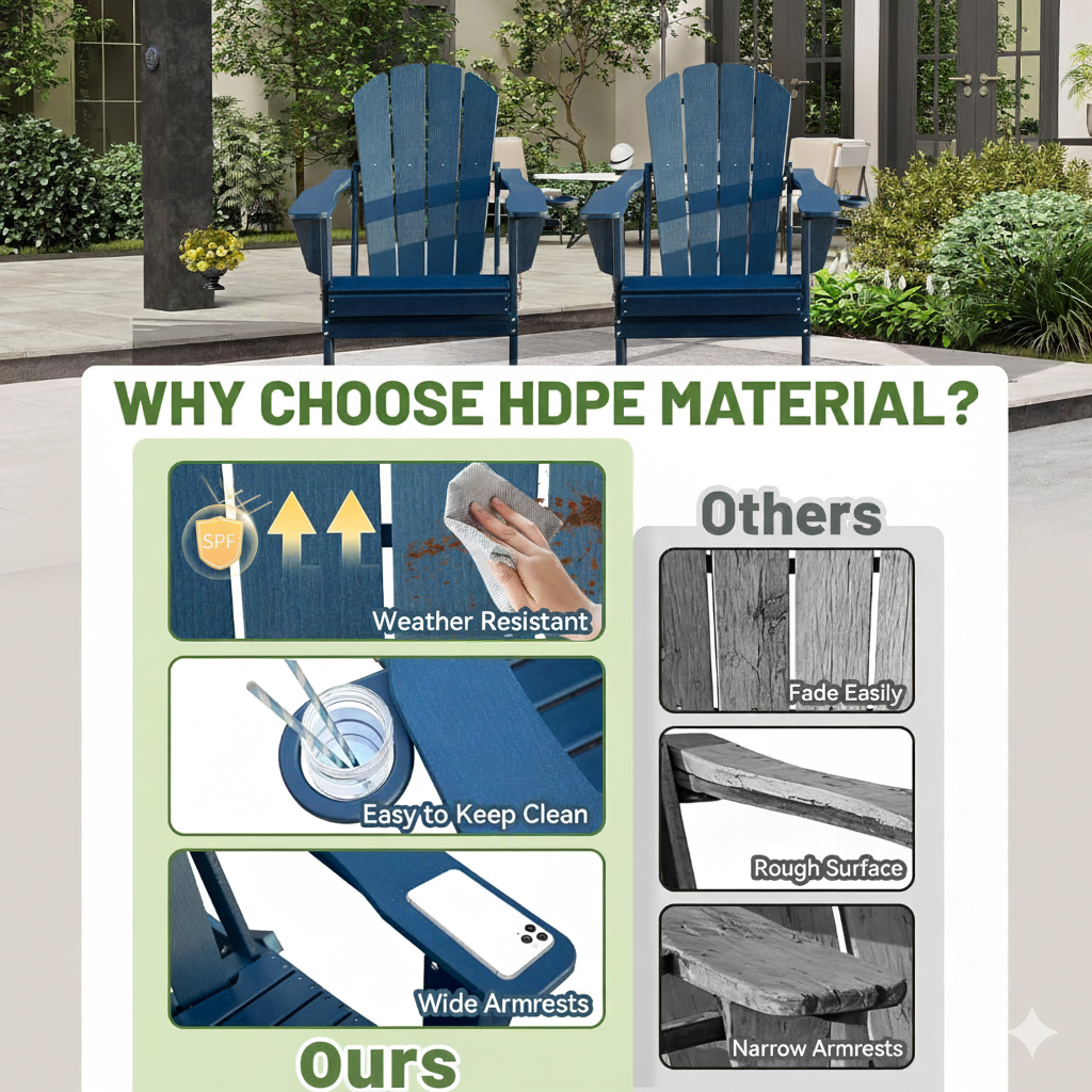 Adirondack Chairs Set of 2, Plastic Adirondack Chair, Adirondack Chairs, HDPE Adirondack Chair, Folding Adirondack Chairs, Outdoor Chairs with Cup Holder for Lawn Patio Deck Fire Pit -Dark Blue