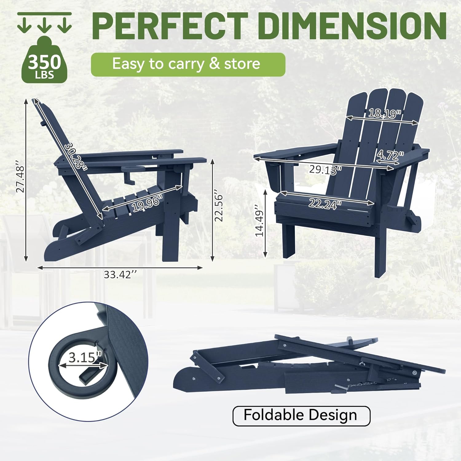 Adirondack Chairs Set of 2, Plastic Adirondack Chair, Adirondack Chairs, HDPE Adirondack Chair, Folding Adirondack Chairs, Outdoor Chairs with Cup Holder for Lawn Patio Deck Fire Pit -Dark Blue