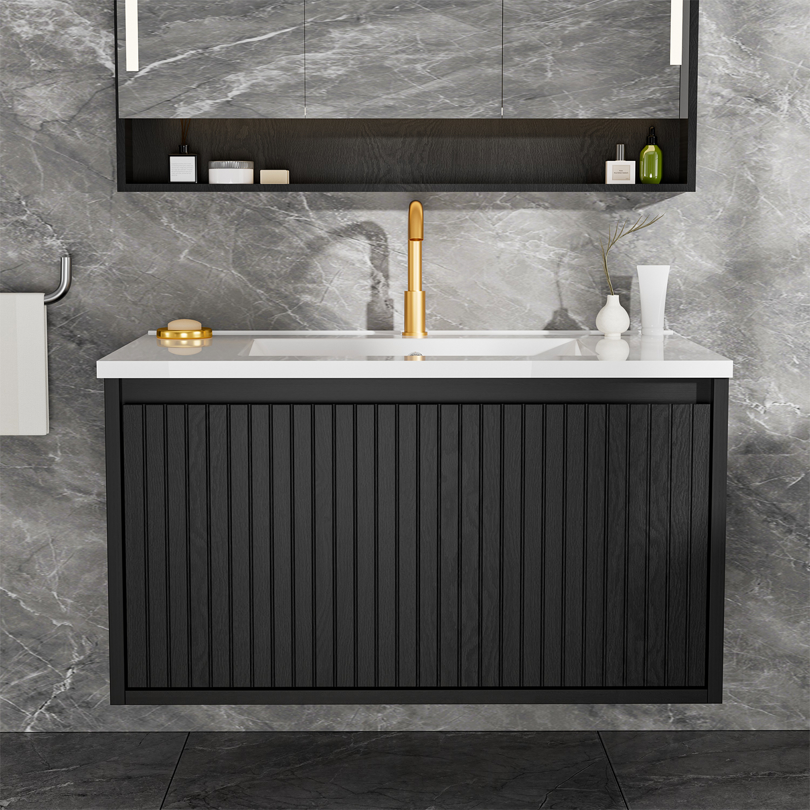 30 Inch Bathroom Vanity Cabinet With Ceramic Sink - Black Wall Mounted Floating Fluted Vanity With Drawers, Modern