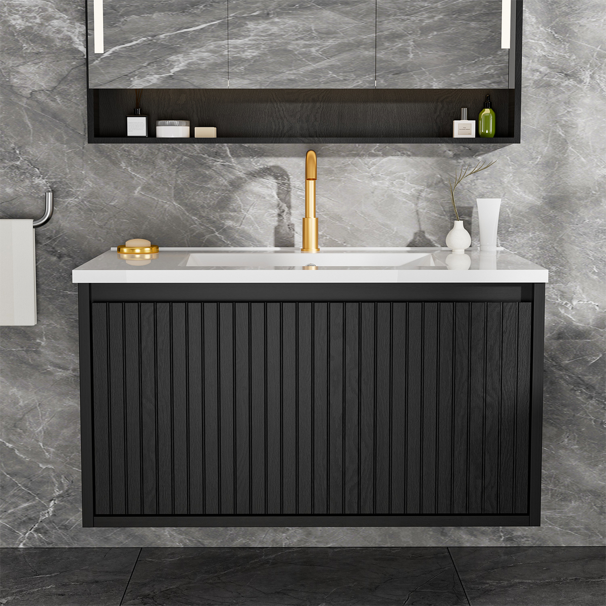 30 Inch Bathroom Vanity Cabinet With Ceramic Sink - Black Wall Mounted Floating Fluted Vanity With Drawers, Modern