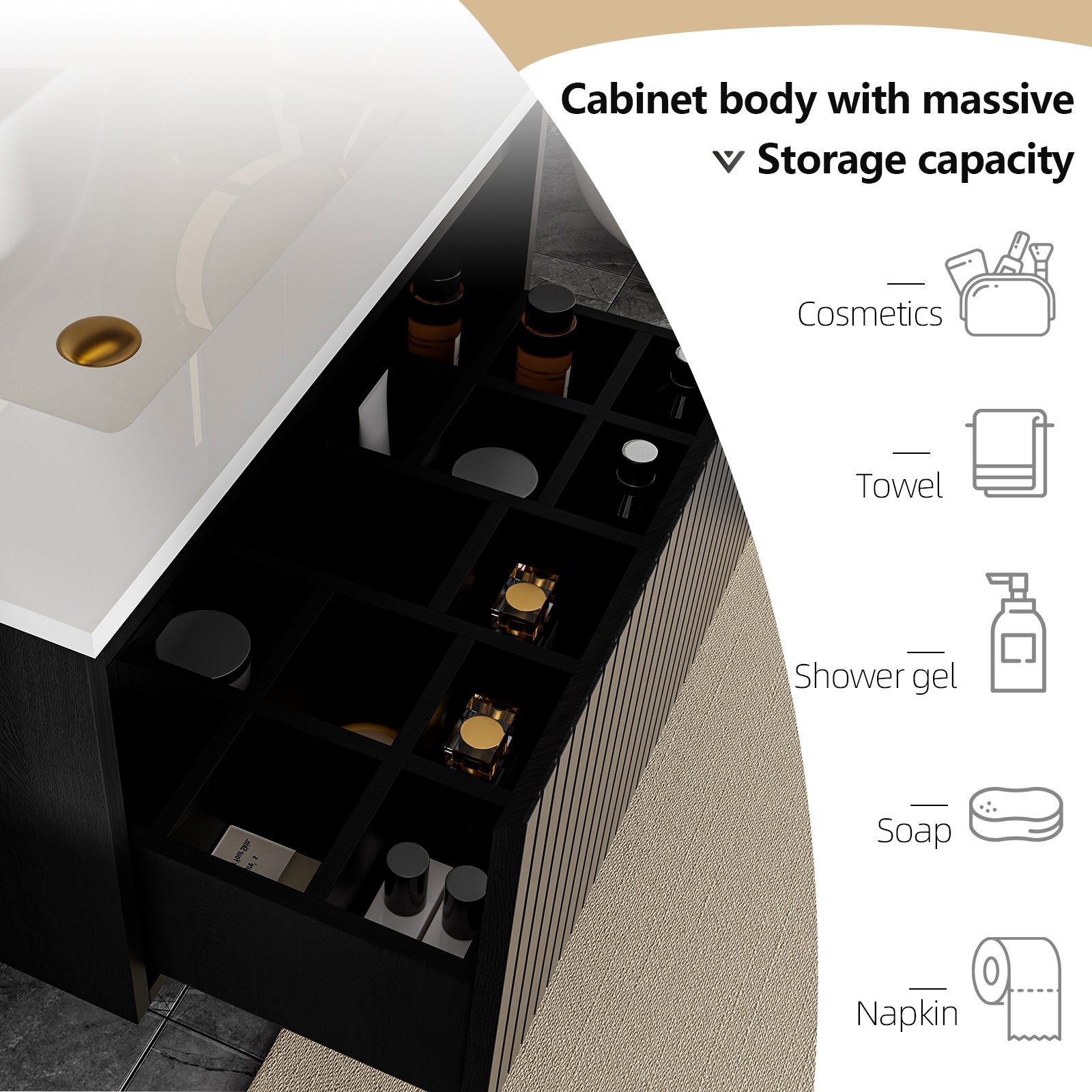 30 Inch Bathroom Vanity Cabinet With Ceramic Sink - Black Wall Mounted Floating Fluted Vanity With Drawers, Modern