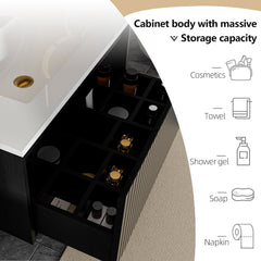 30 Inch Bathroom Vanity Cabinet With Ceramic Sink - Black Wall Mounted Floating Fluted Vanity With Drawers, Modern