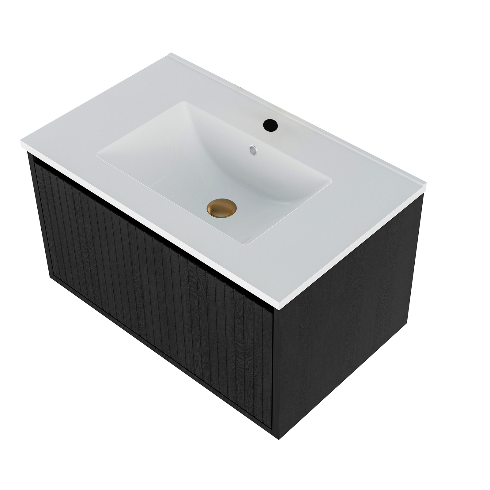 30 Inch Bathroom Vanity Cabinet With Ceramic Sink - Black Wall Mounted Floating Fluted Vanity With Drawers, Modern