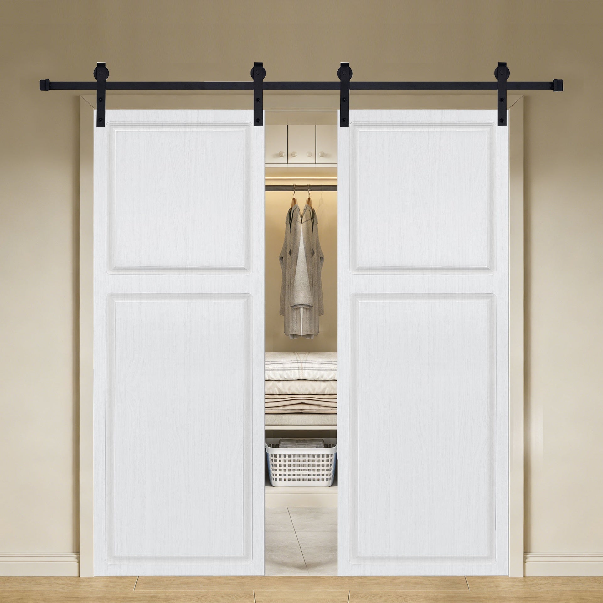Double Modern 2 panel   84 in. x 80 in. MDF white walnut Barn Sliding Door With Hardware kit