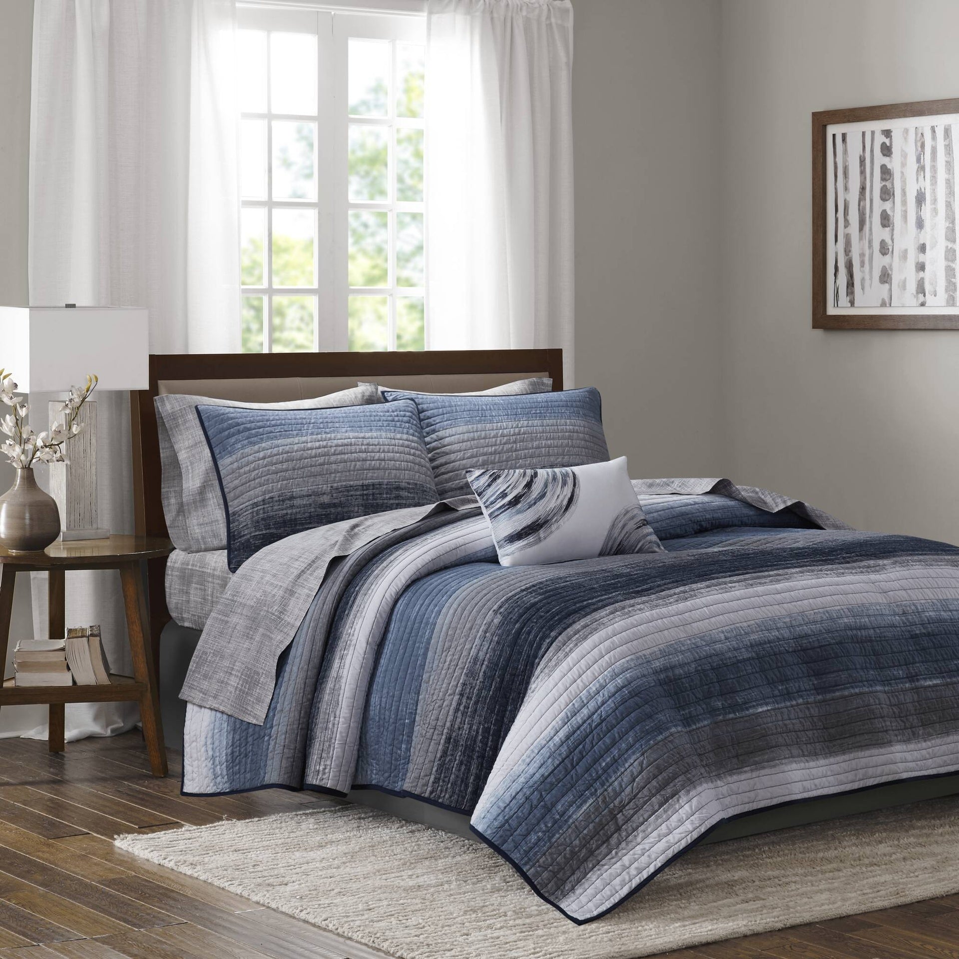 6-Piece Twin 6 Piece Quilt Set with Cotton Bed Sheets,Navy