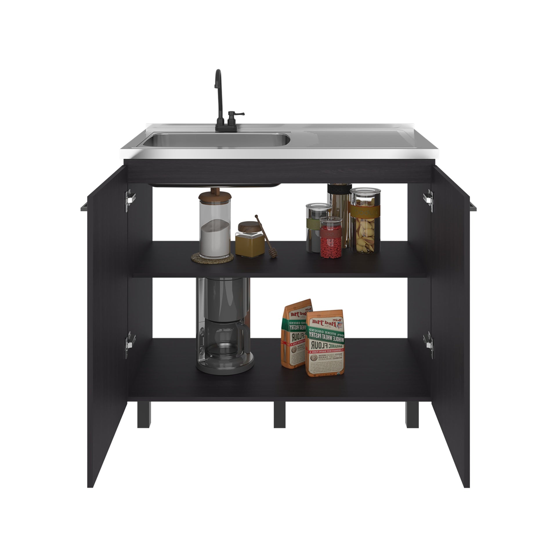 Napoles Utility Sink Complete with Faucet, Freestanding Base with Legs and Deep Stainless Steel Basin, Modern Multi-Purpose Sink for Kitchen, Laundry or Utility Room, Black + Dark Walnut