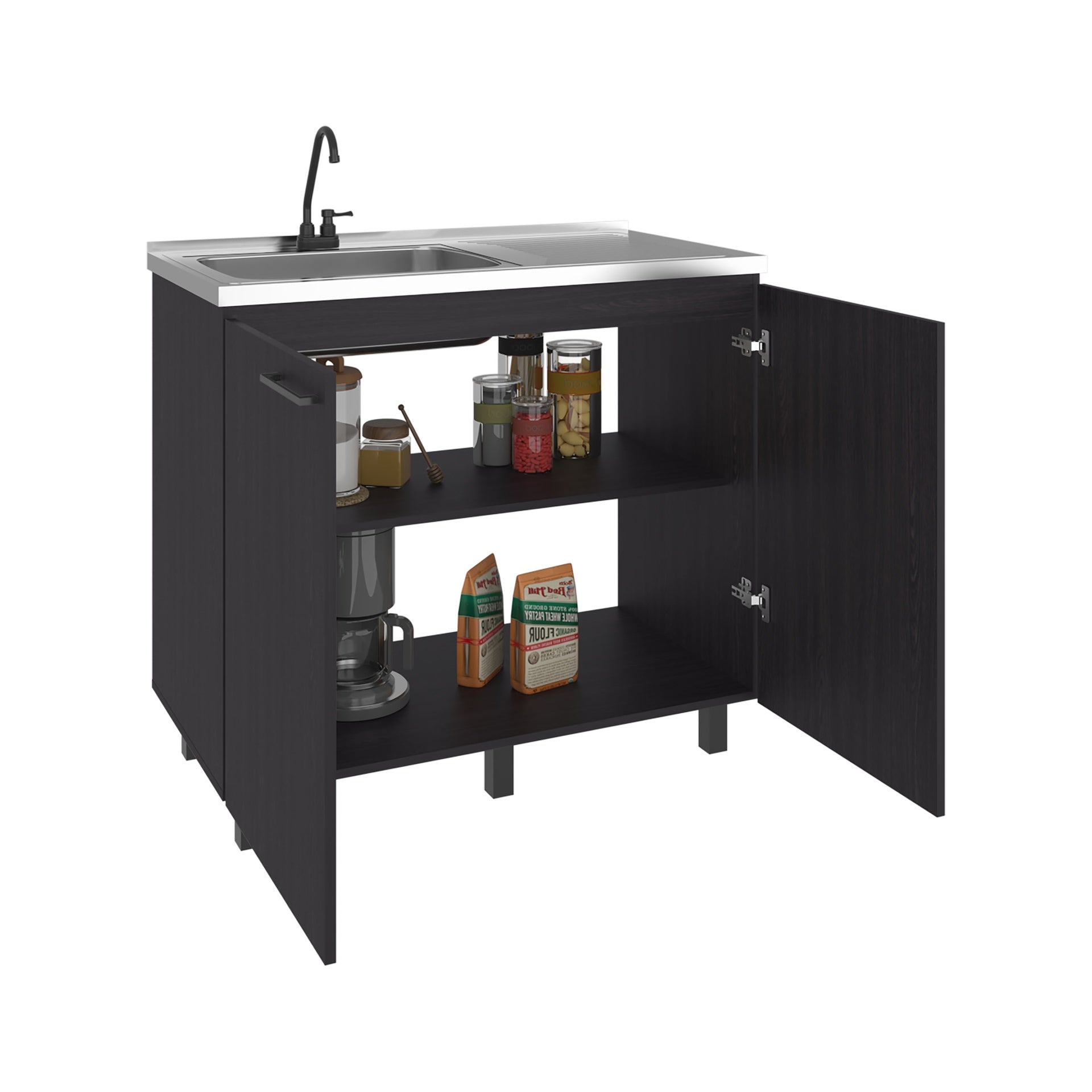 Napoles Utility Sink Complete with Faucet, Freestanding Base with Legs and Deep Stainless Steel Basin, Modern Multi-Purpose Sink for Kitchen, Laundry or Utility Room, Black + Dark Walnut