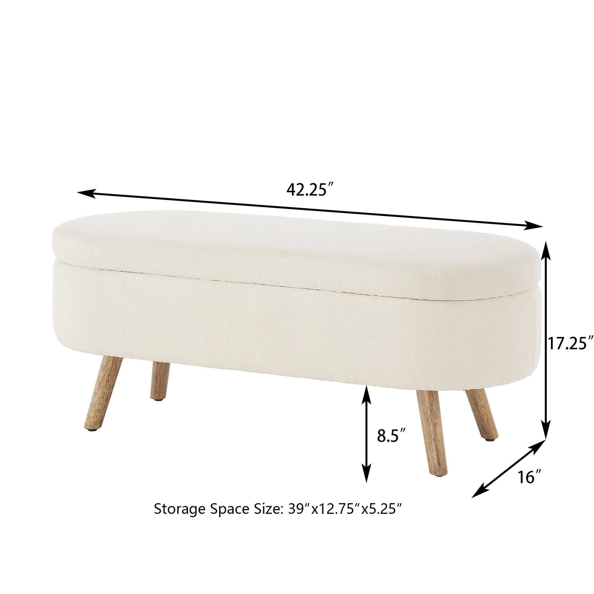 Luxury Oval Boucle Storage Ottoman Bench with Wood Legs 350lb Weight Capacity & Safety Hinge, for Living Room, Bedroom Entryway,IVORY