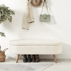 Luxury Oval Boucle Storage Ottoman Bench with Wood Legs 350lb Weight Capacity & Safety Hinge, for Living Room, Bedroom Entryway,IVORY