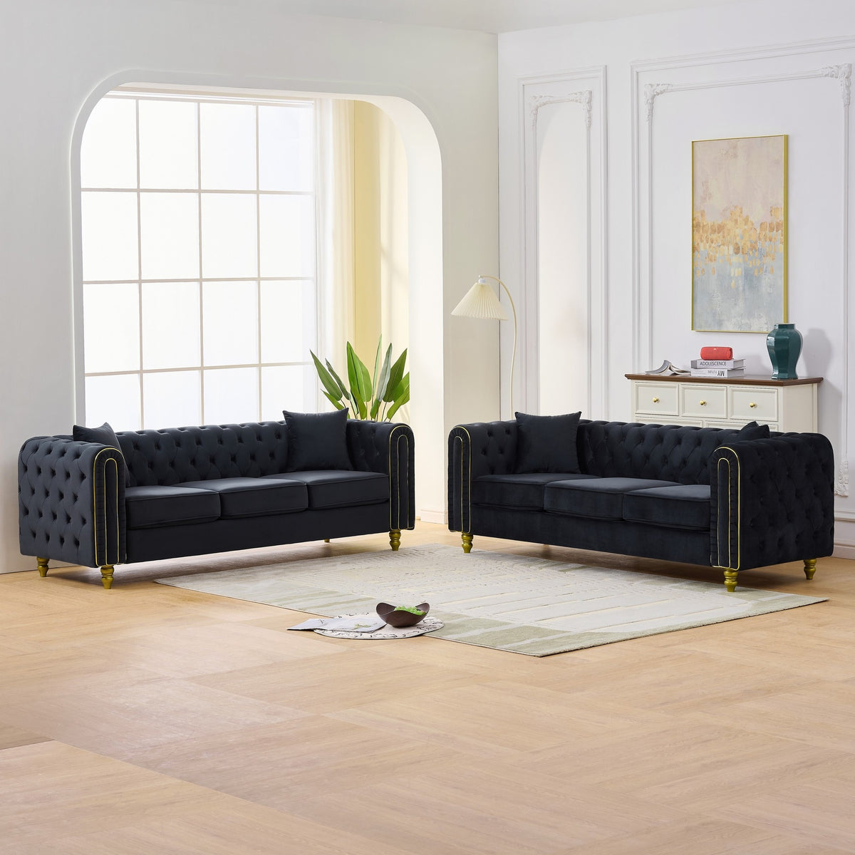 3 Seater +3 Seater Modern Loveseat Sofa,3+3 Seater Couch Comfy Velvet Sofa Button Tufted Rolled Arms and Gold Legs,Chesterfield for Primary Living Space,Black