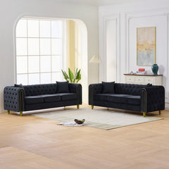 3 Seater +3 Seater Modern Loveseat Sofa,3+3 Seater Couch Comfy Velvet Sofa Button Tufted Rolled Arms and Gold Legs,Chesterfield for Primary Living Space,Black