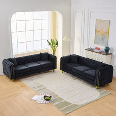 3 Seater +3 Seater Modern Loveseat Sofa,3+3 Seater Couch Comfy Velvet Sofa Button Tufted Rolled Arms and Gold Legs,Chesterfield for Primary Living Space,Black