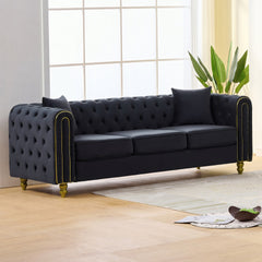 86" Modern Loveseat Sofa,3 Seater Couch Comfy Velvet Sofa Button Tufted Rolled Arms and Gold Legs,Chesterfield for Primary Living Space,Black