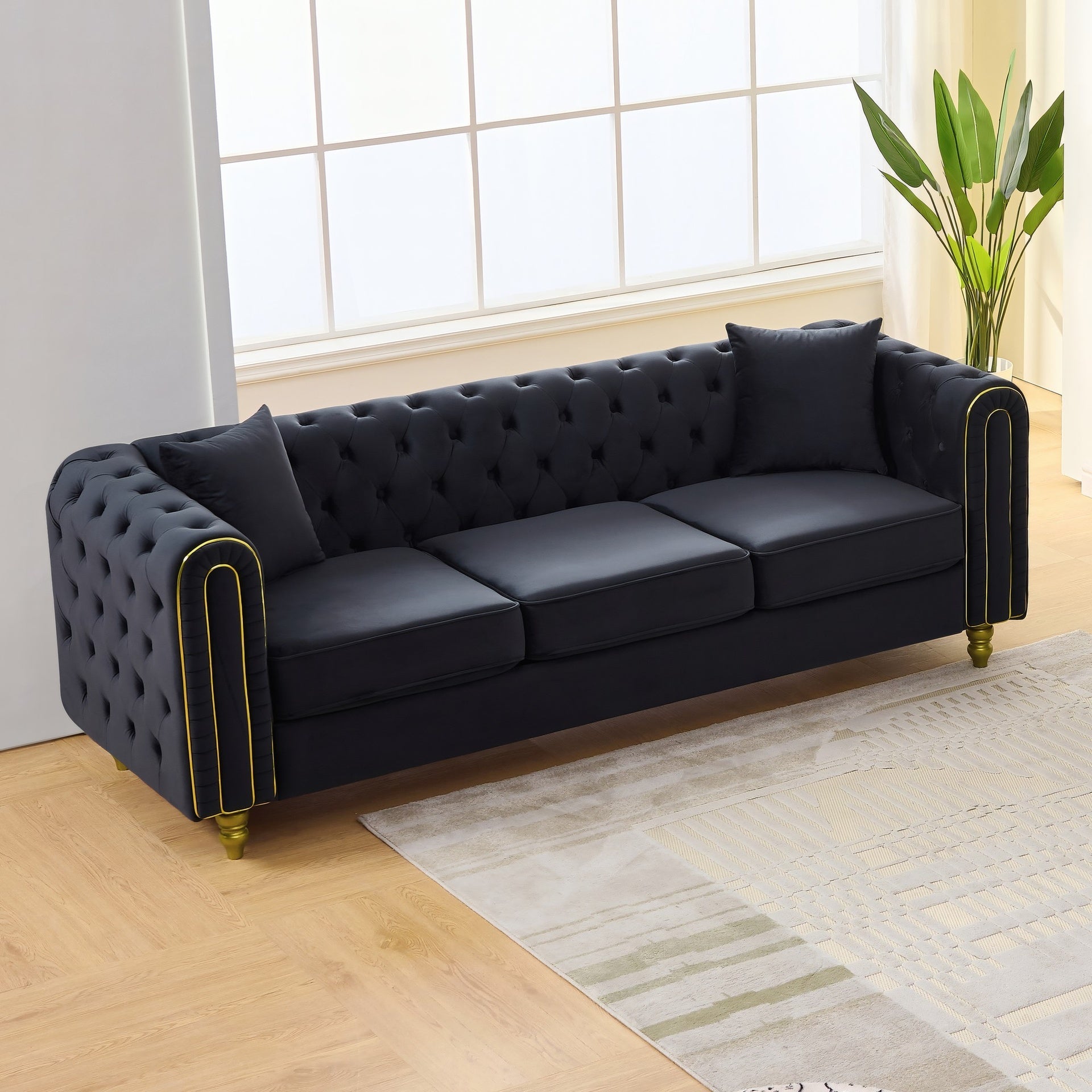 86" Modern Loveseat Sofa,3 Seater Couch Comfy Velvet Sofa Button Tufted Rolled Arms and Gold Legs,Chesterfield for Primary Living Space,Black
