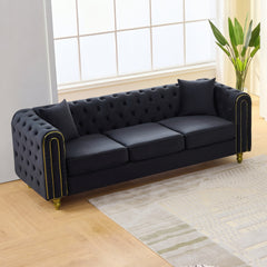 86" Modern Loveseat Sofa,3 Seater Couch Comfy Velvet Sofa Button Tufted Rolled Arms and Gold Legs,Chesterfield for Primary Living Space,Black