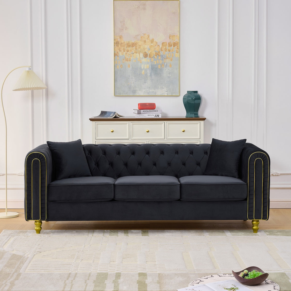 86" Modern Loveseat Sofa,3 Seater Couch Comfy Velvet Sofa Button Tufted Rolled Arms and Gold Legs,Chesterfield for Primary Living Space,Black