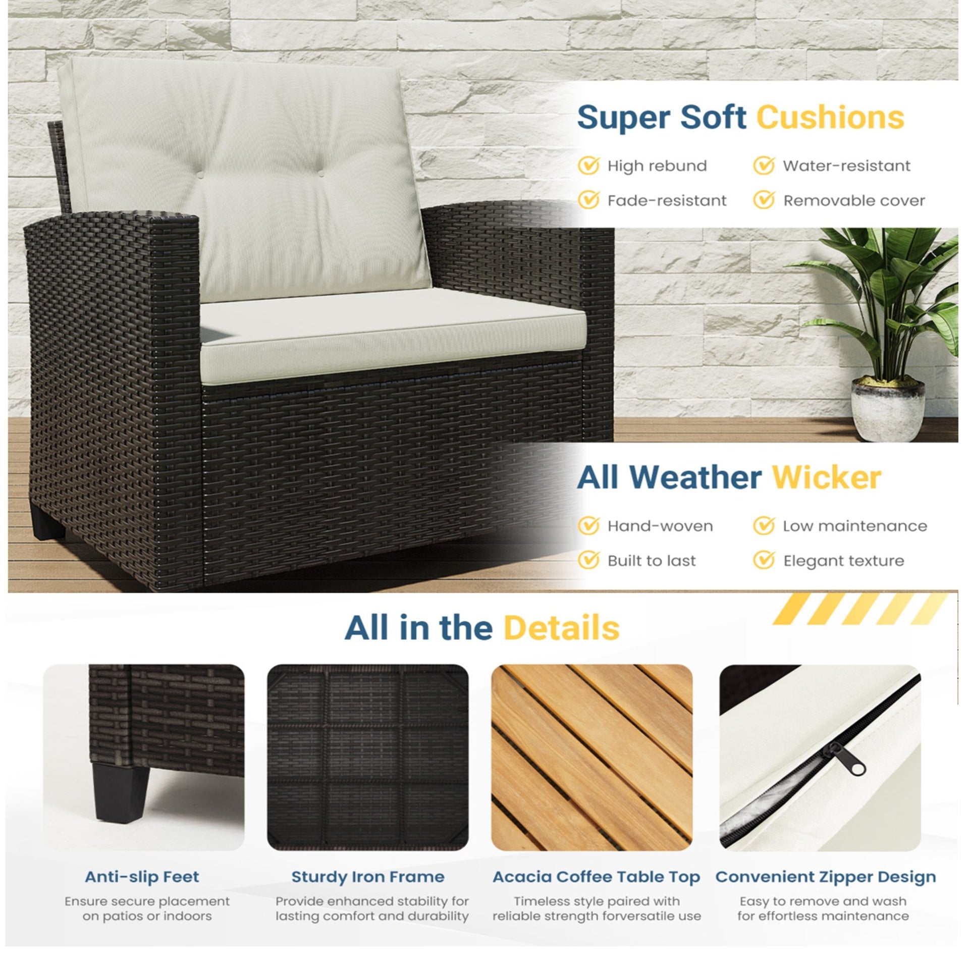 4-Piece All Weather Wicker Outdoor Patio Conversation Set with Beige Cushions and Accacia Wood Table