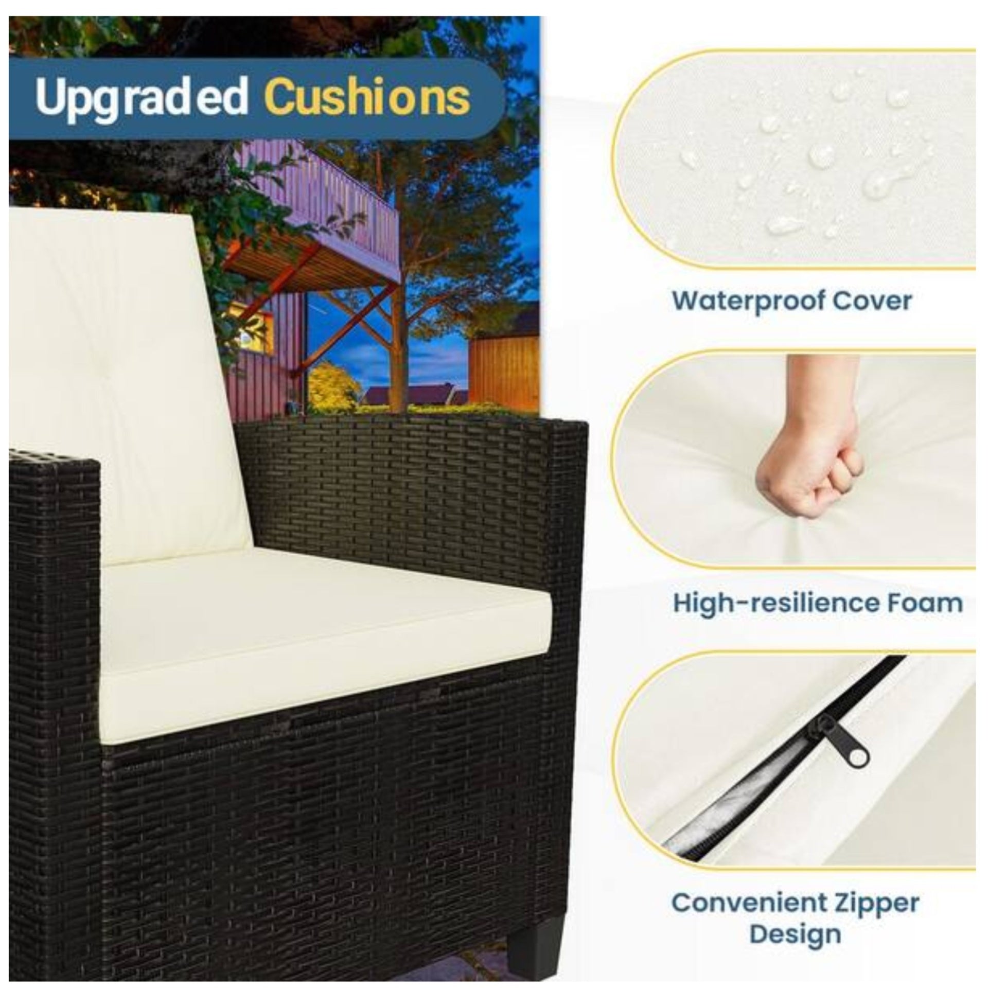4-Piece All Weather Wicker Outdoor Patio Conversation Set with Beige Cushions and Accacia Wood Table