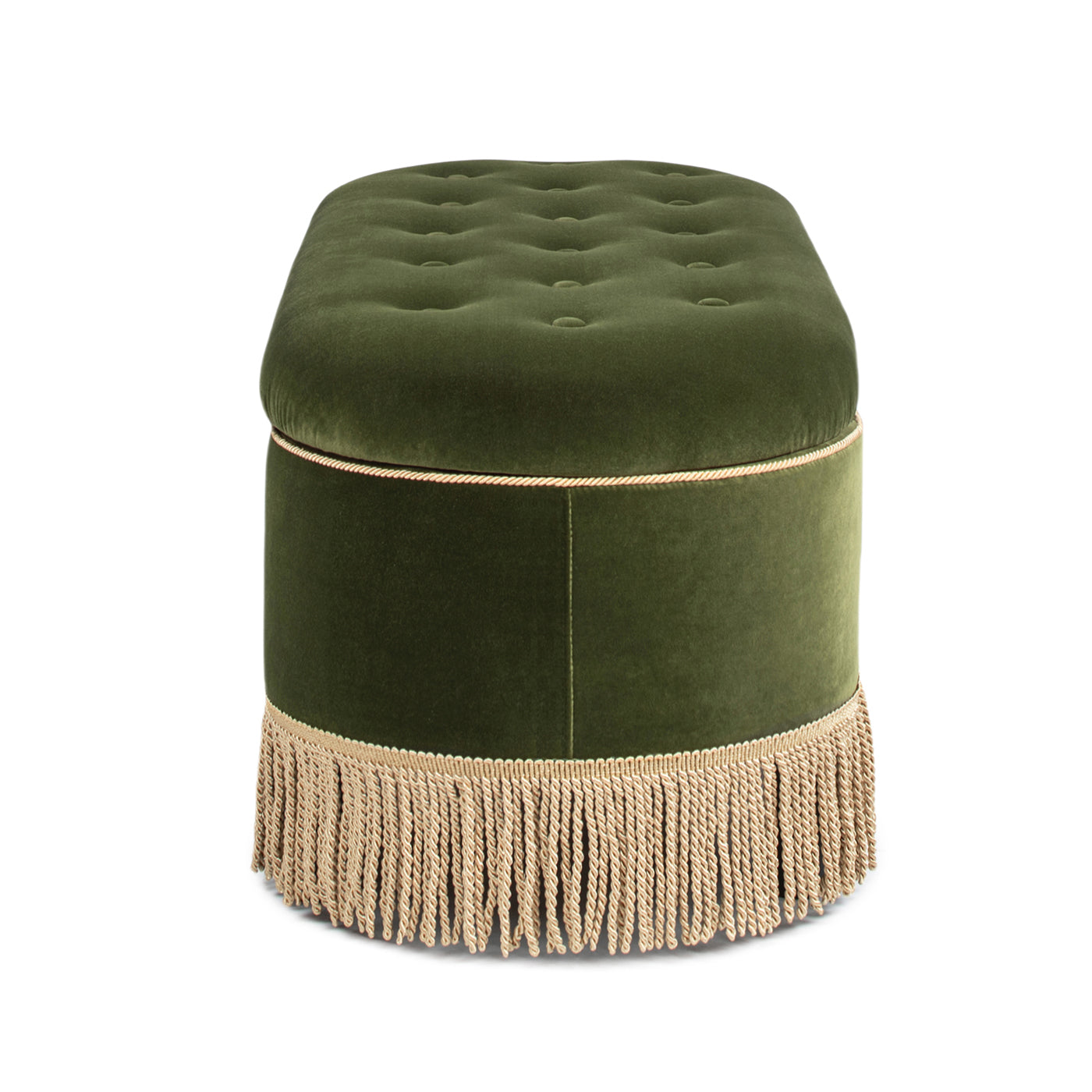 Melinda 48.5" Oval Tufted Bullion Fringe Storage Bench, Olive Green Performance Velvet