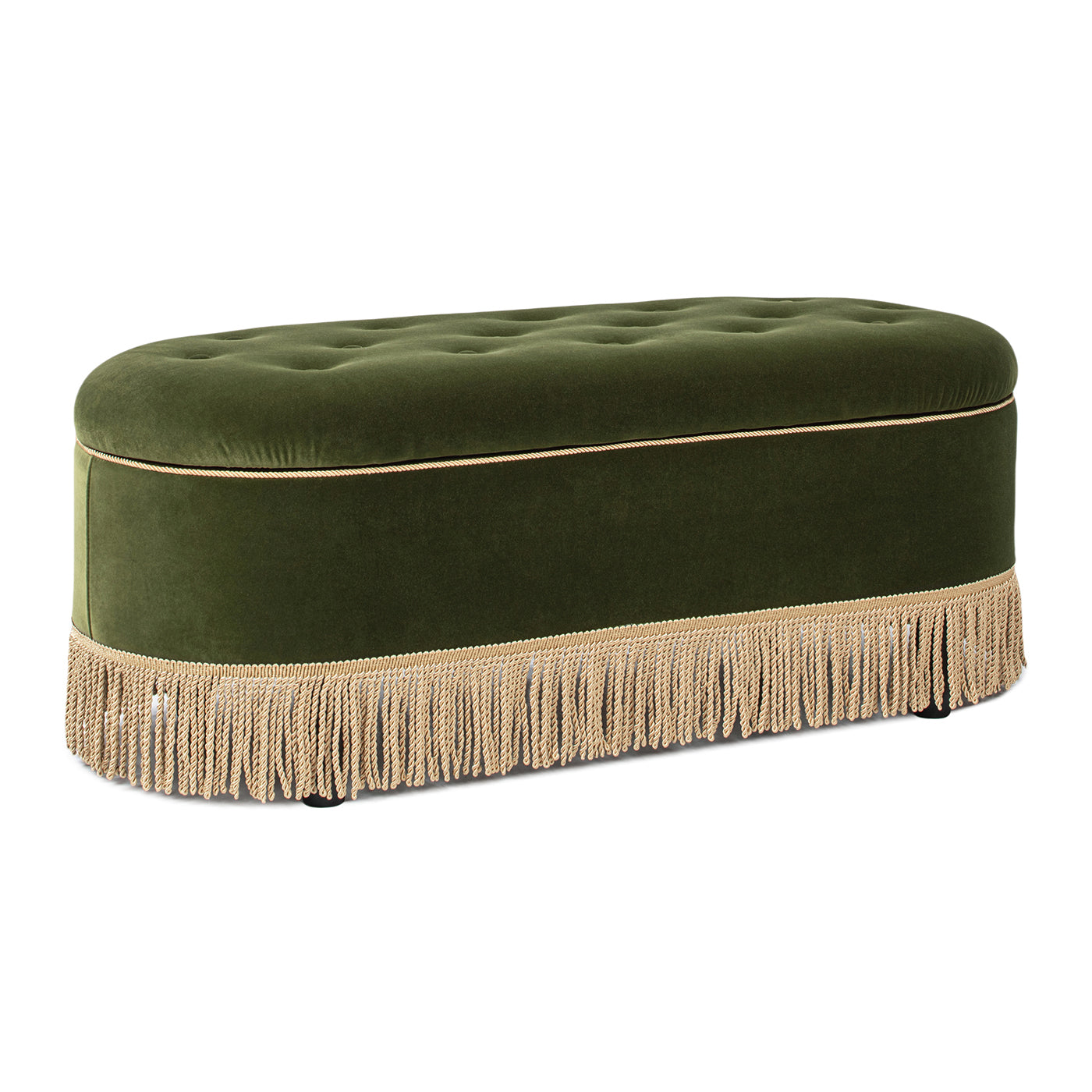 Melinda 48.5" Oval Tufted Bullion Fringe Storage Bench, Olive Green Performance Velvet