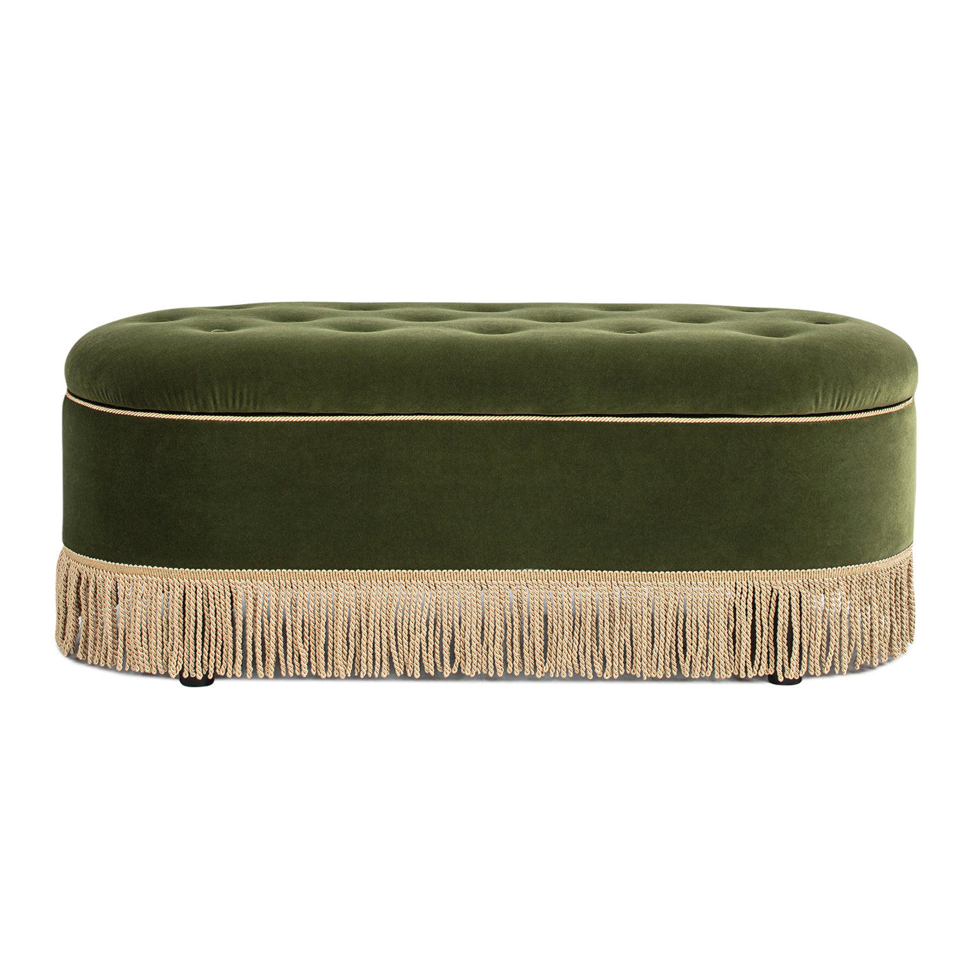Melinda 48.5" Oval Tufted Bullion Fringe Storage Bench, Olive Green Performance Velvet
