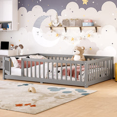 Full Size Bed Floor Bed with Safety Guardrails and Door for Kids, Gray