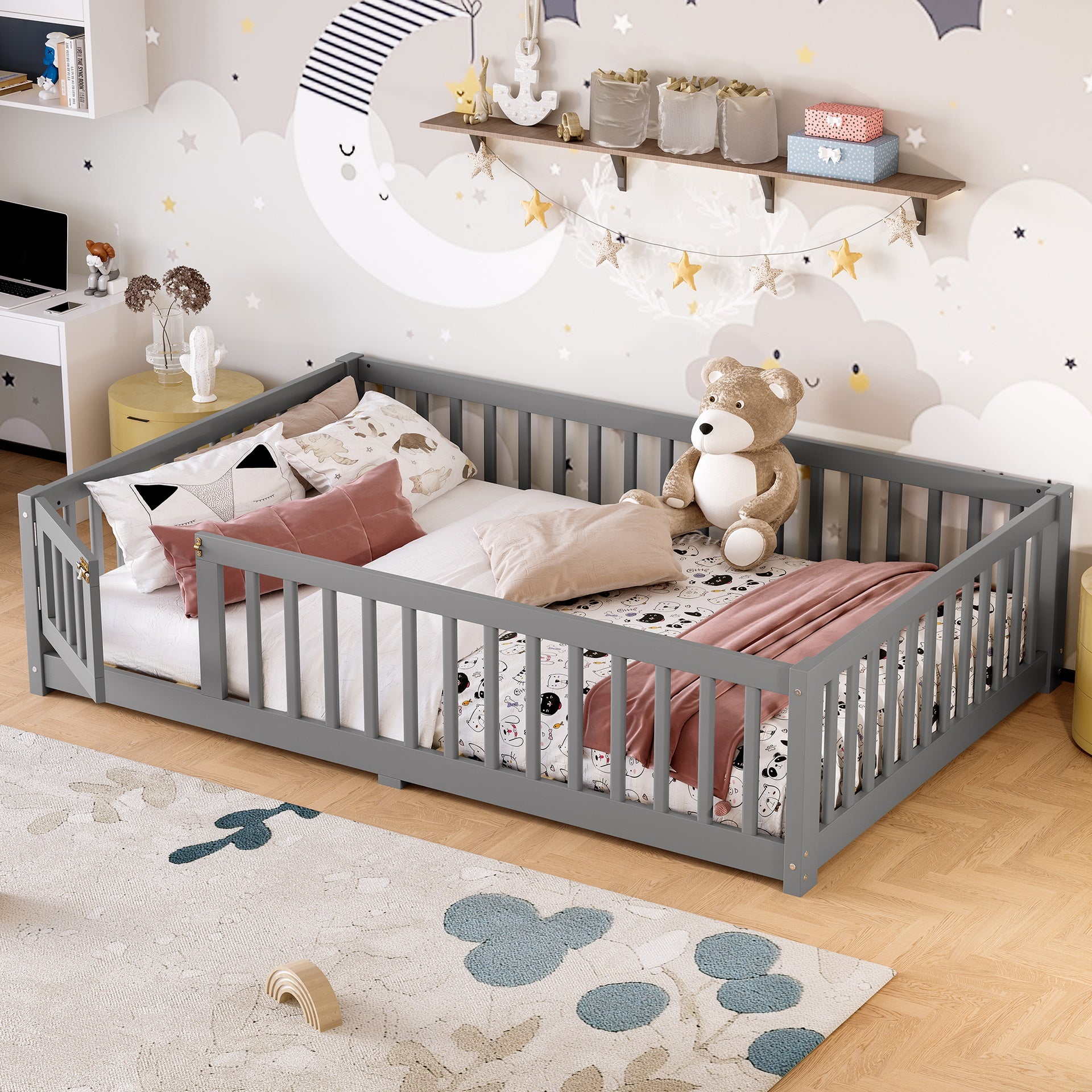 Full Size Bed Floor Bed with Safety Guardrails and Door for Kids, Gray