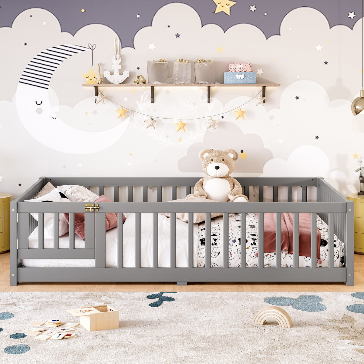 Full Size Bed Floor Bed with Safety Guardrails and Door for Kids, Gray