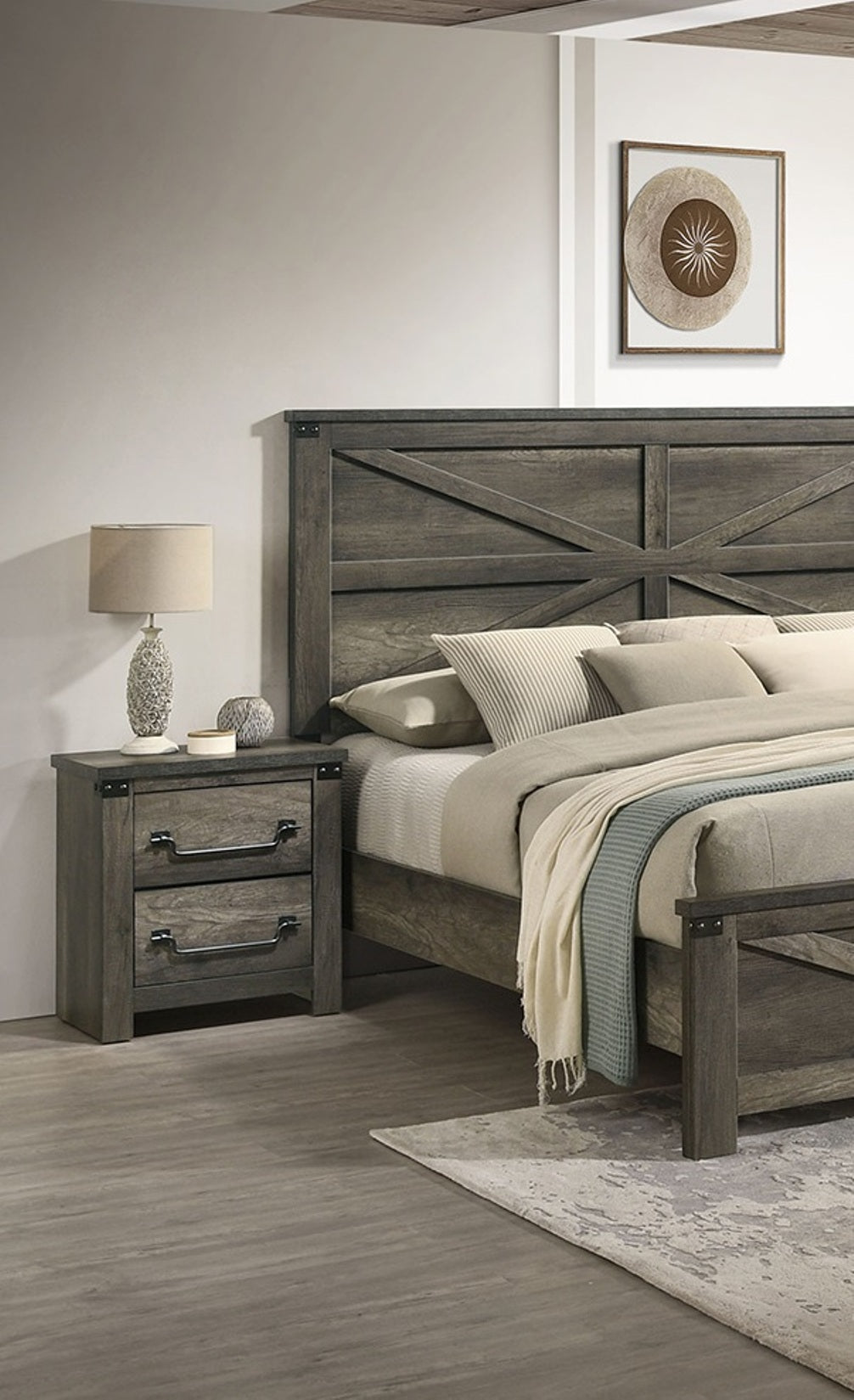 Farmhouse Rustic Gray Bedside Table Bedroom 1pc Nightstand English Front Antique Brass Color Drop Handles