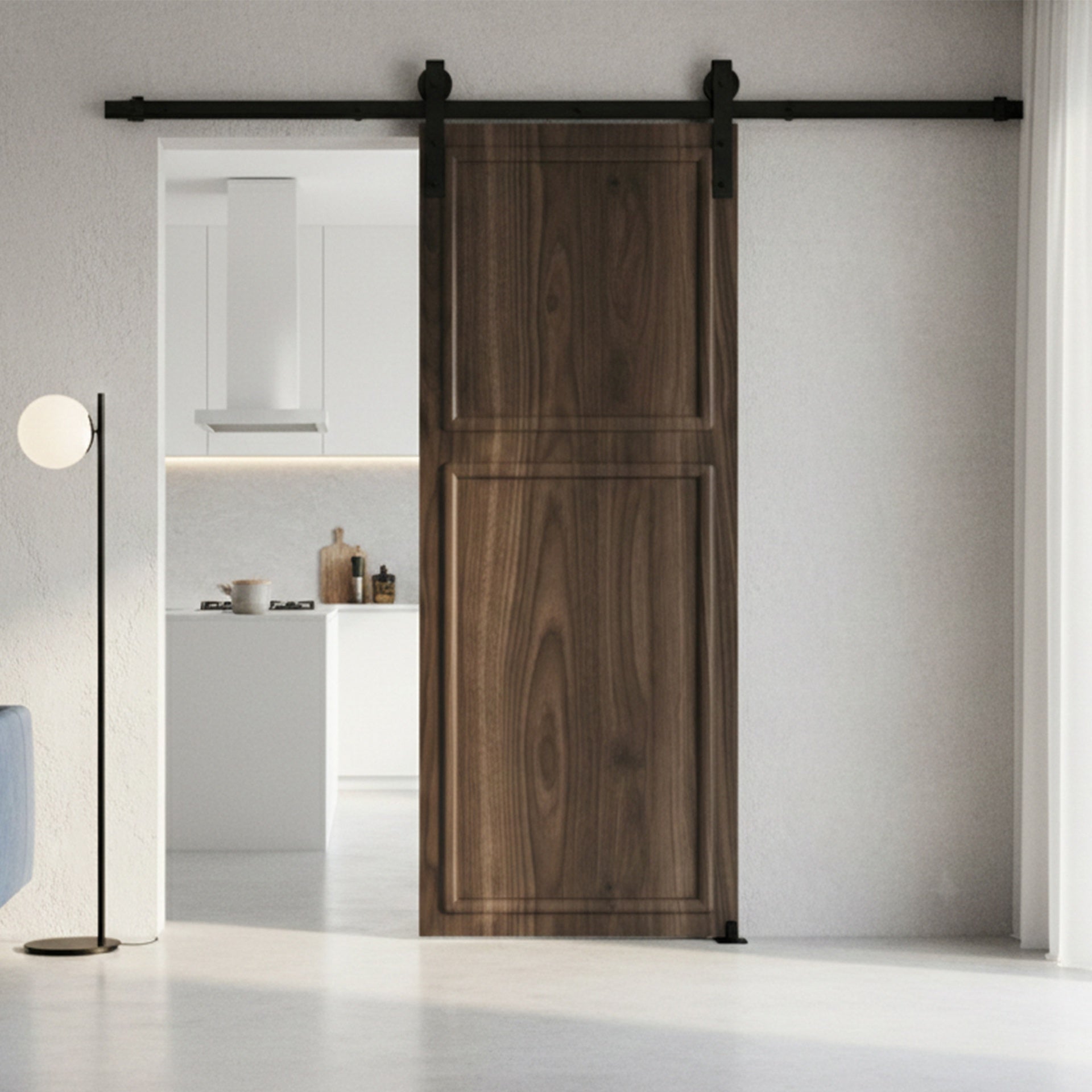 18 series 28 in.X79 in. 3/4 inch thickness 2-Panel Walnut Color Finished MDF Sliding Barn Door With Hardware Kit
