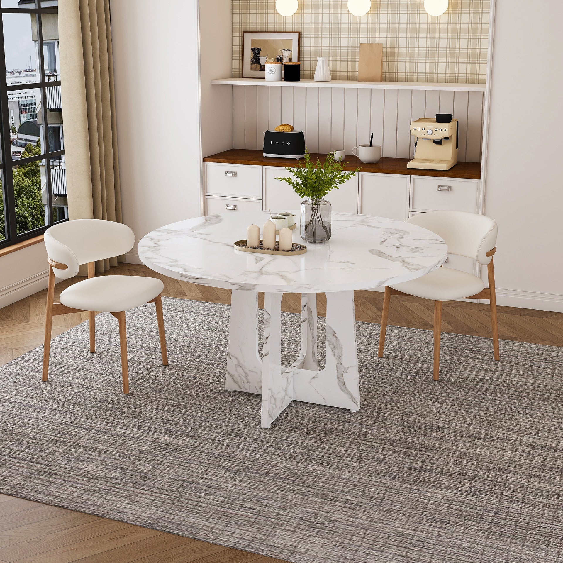 47.24" Round Dining Table for 4 - Farmhouse MDF Table with Marble White Finish, 300lb Capacity, Easy Assembly for Kitchen/Dining Room - Modern Spiced Table