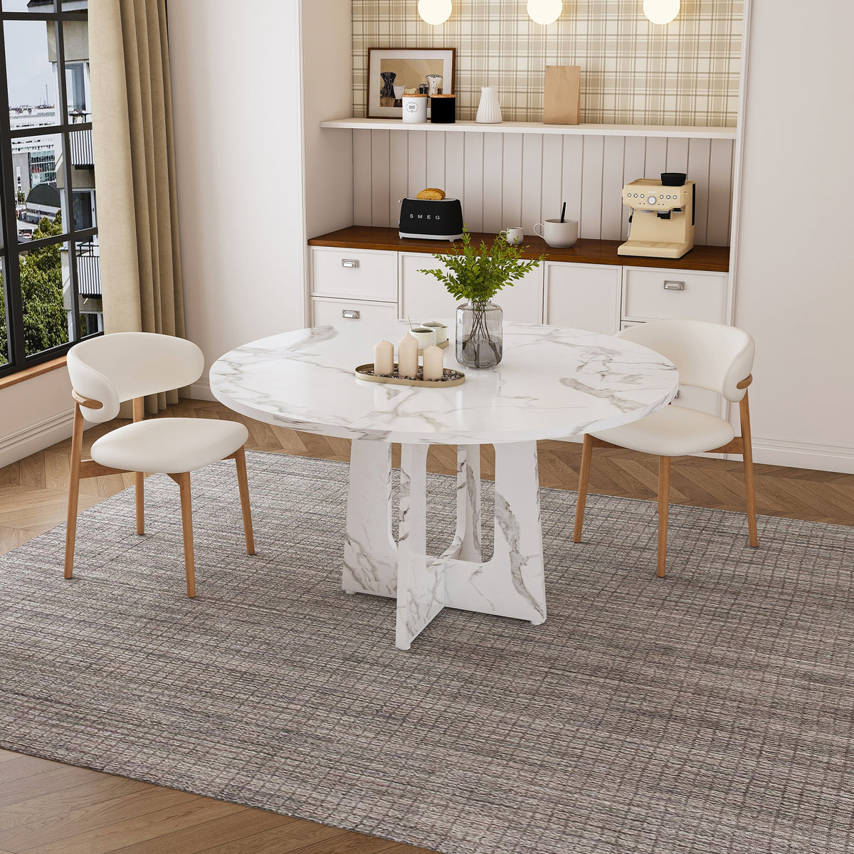 47.24" Round Dining Table for 4 - Farmhouse MDF Table with Marble White Finish, 300lb Capacity, Easy Assembly for Kitchen/Dining Room - Modern Spiced Table