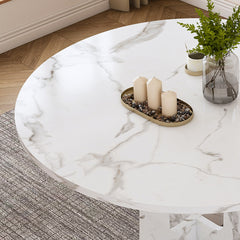 47.24" Round Dining Table for 4 - Farmhouse MDF Table with Marble White Finish, 300lb Capacity, Easy Assembly for Kitchen/Dining Room - Modern Spiced Table