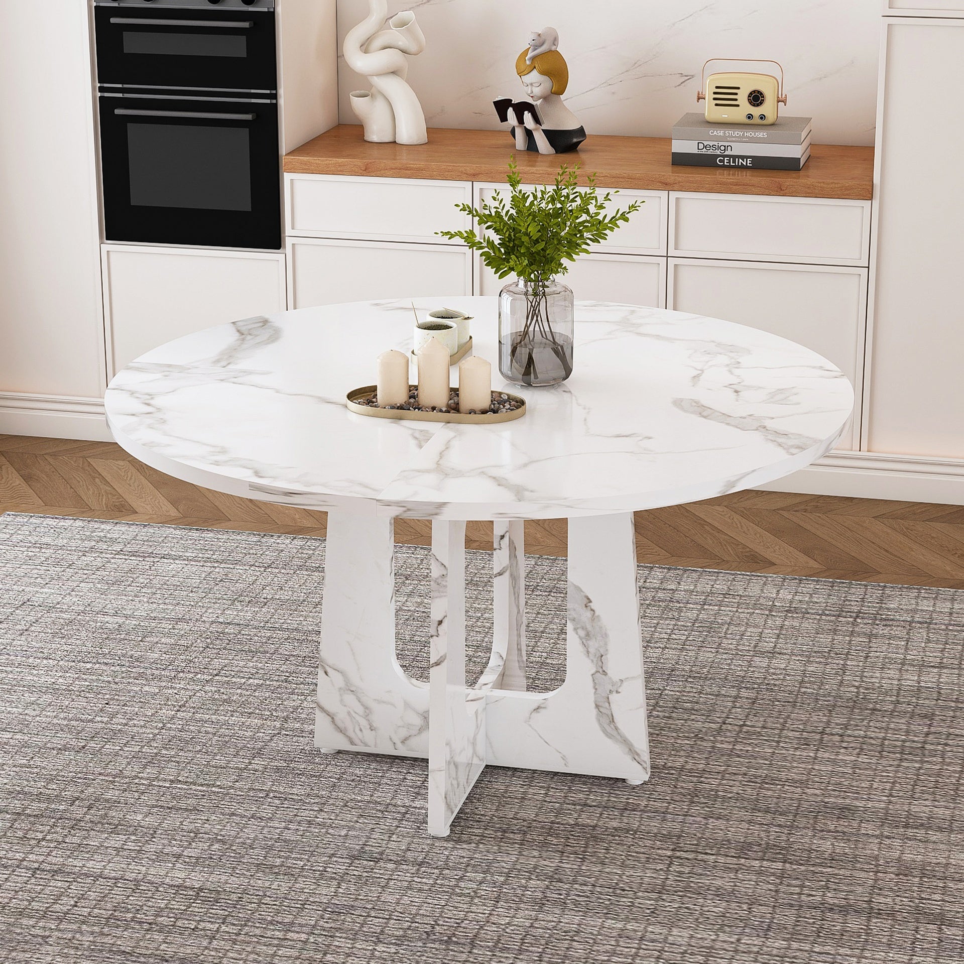 47.24" Round Dining Table for 4 - Farmhouse MDF Table with Marble White Finish, 300lb Capacity, Easy Assembly for Kitchen/Dining Room - Modern Spiced Table