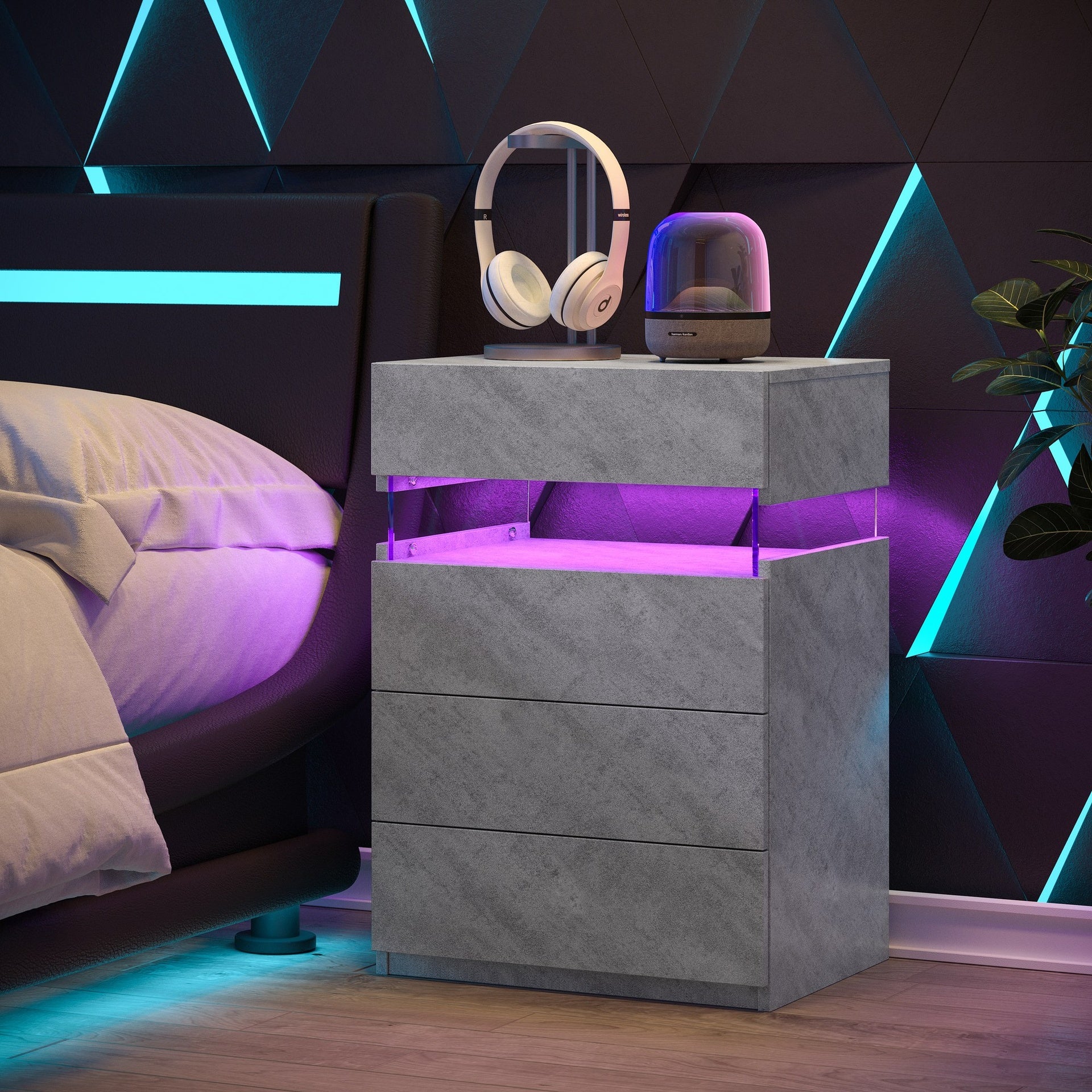 Nightstand with LED Lights, Adjustable Light Colors, Bedside Table, Side Table with 4 Drawers, Modern Style,Grey