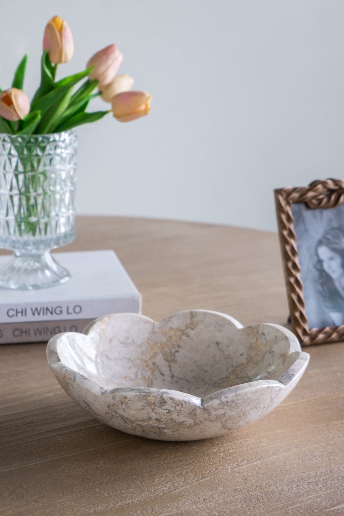 D10x3" Cream Marble Bowl with Scalloped Design and Subtle Gold Detailing