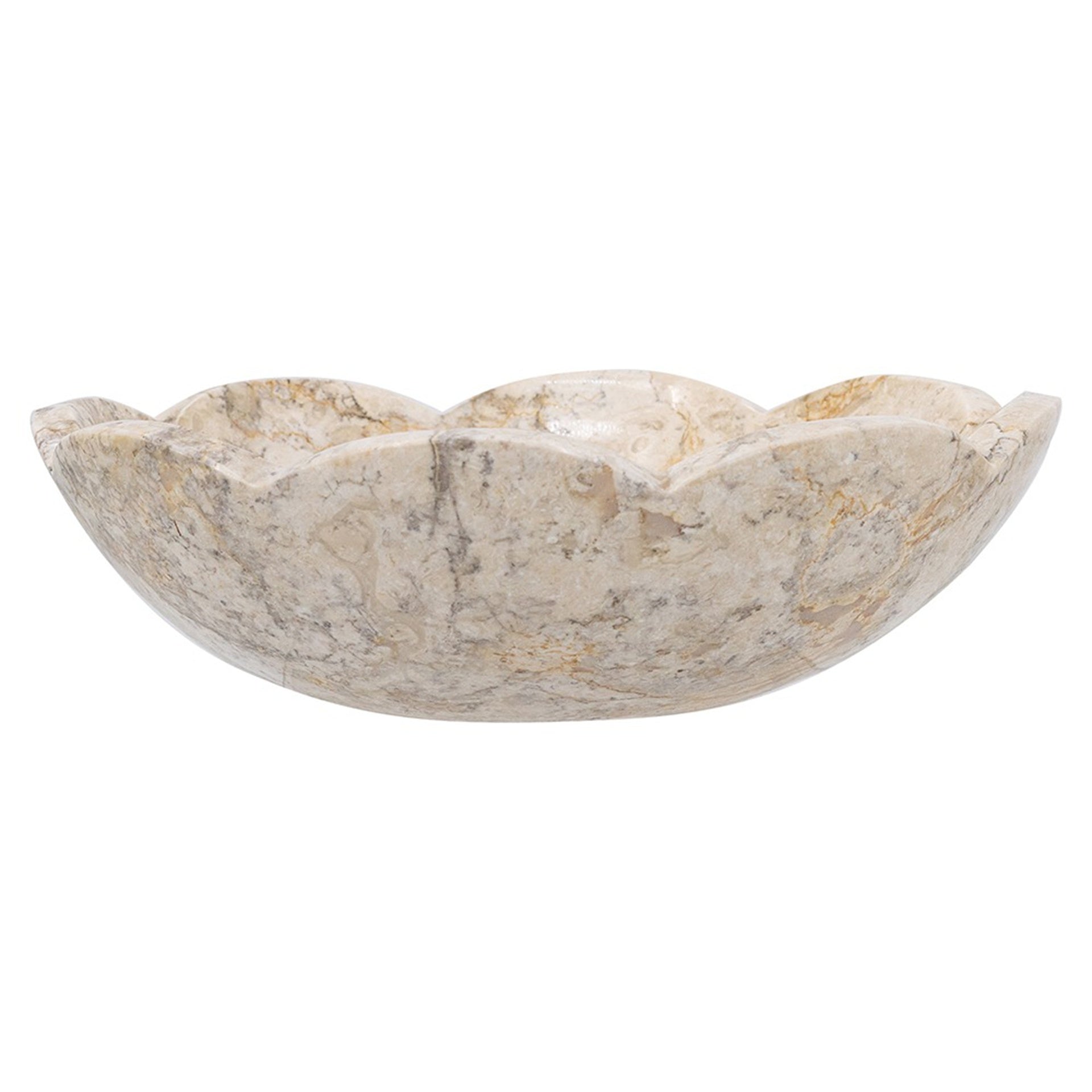 D10x3" Cream Marble Bowl with Scalloped Design and Subtle Gold Detailing