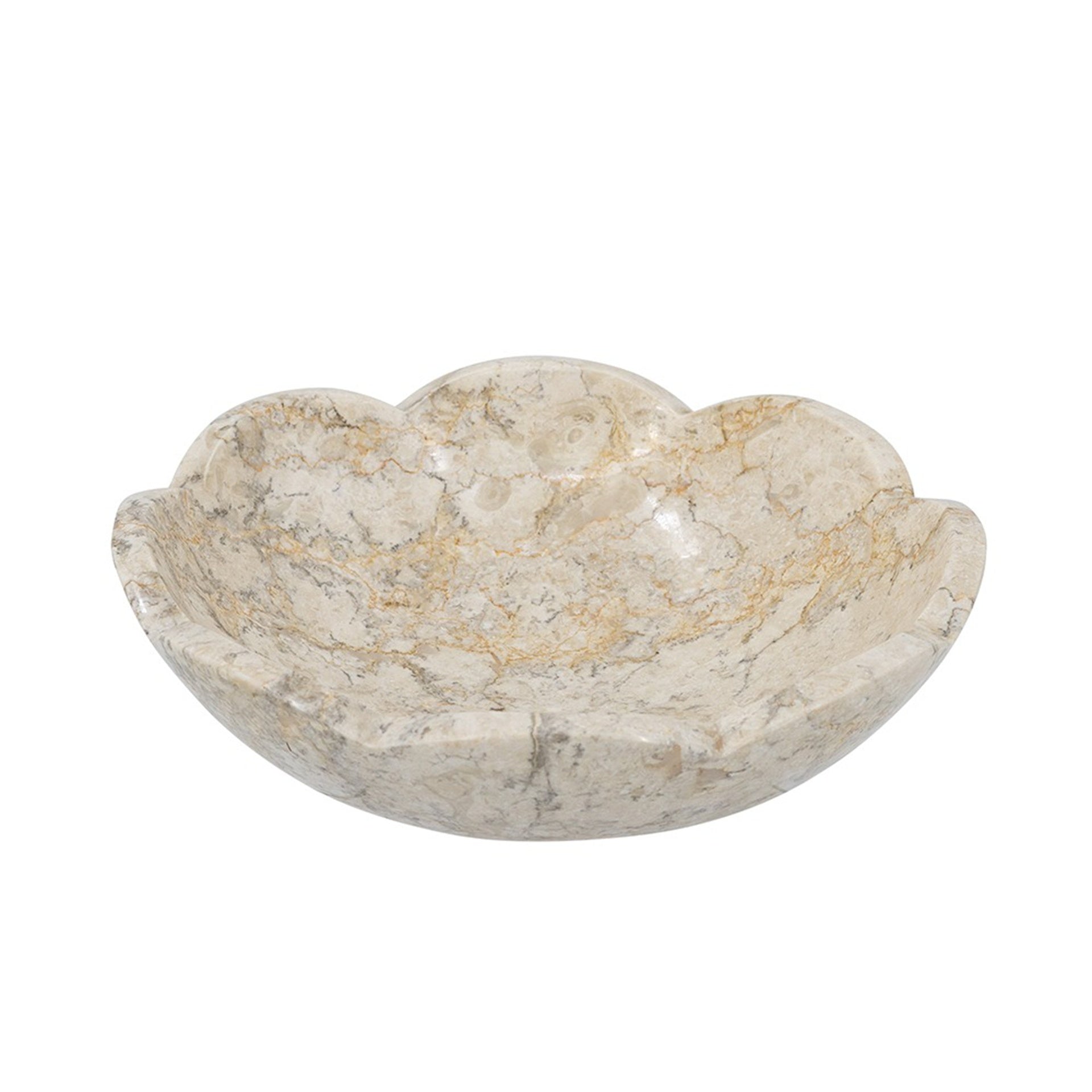 D10x3" Cream Marble Bowl with Scalloped Design and Subtle Gold Detailing