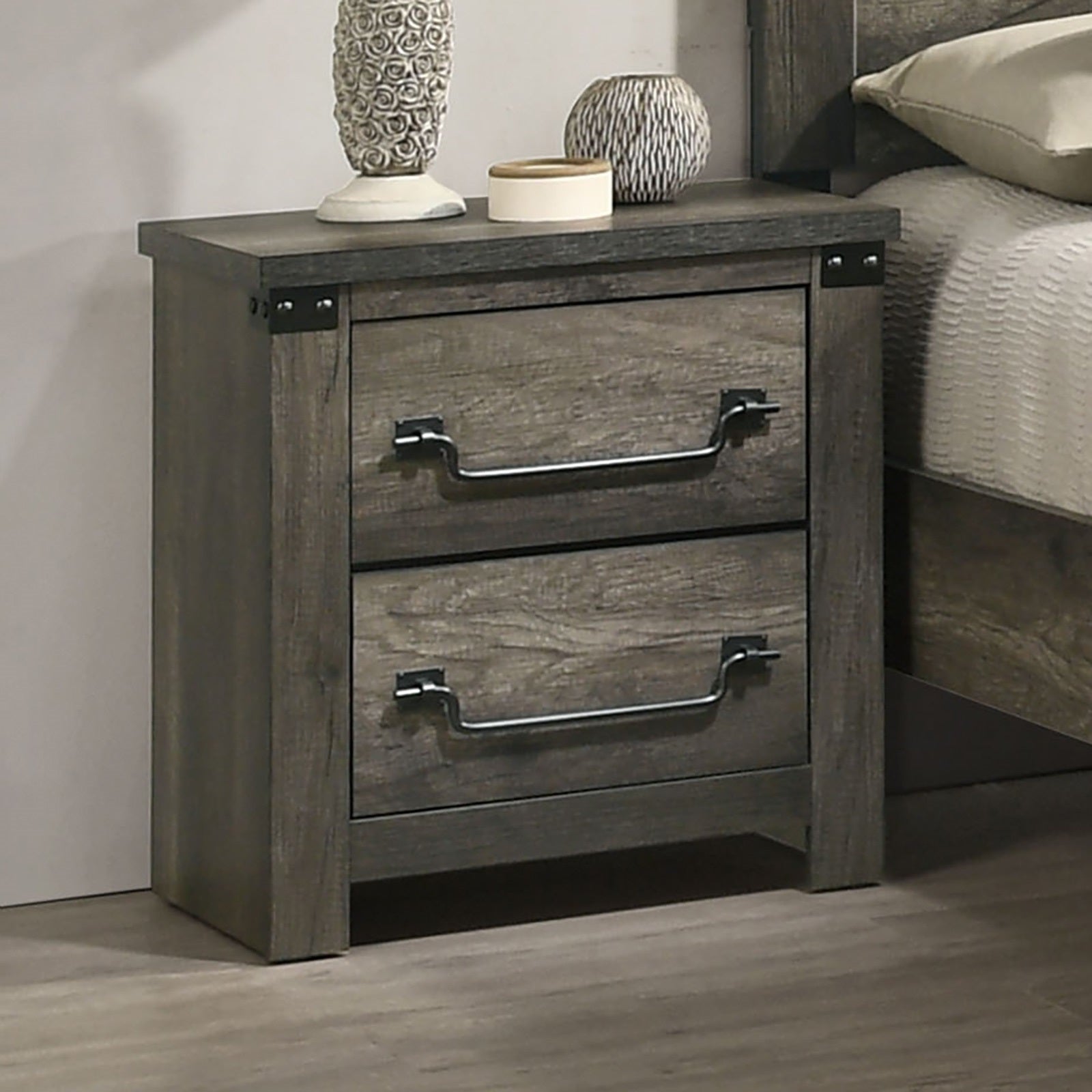 Rustic Gray 1pc Bedside Table Melamine Paper Wooden Nightstand Antique Brass Color Drop Handles