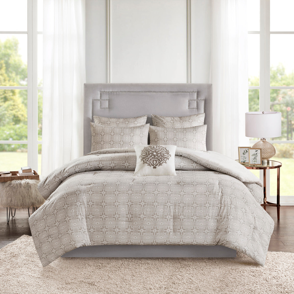 6 Piece Embroidered Cotton Reversible Comforter Set Ivory King/Cal King