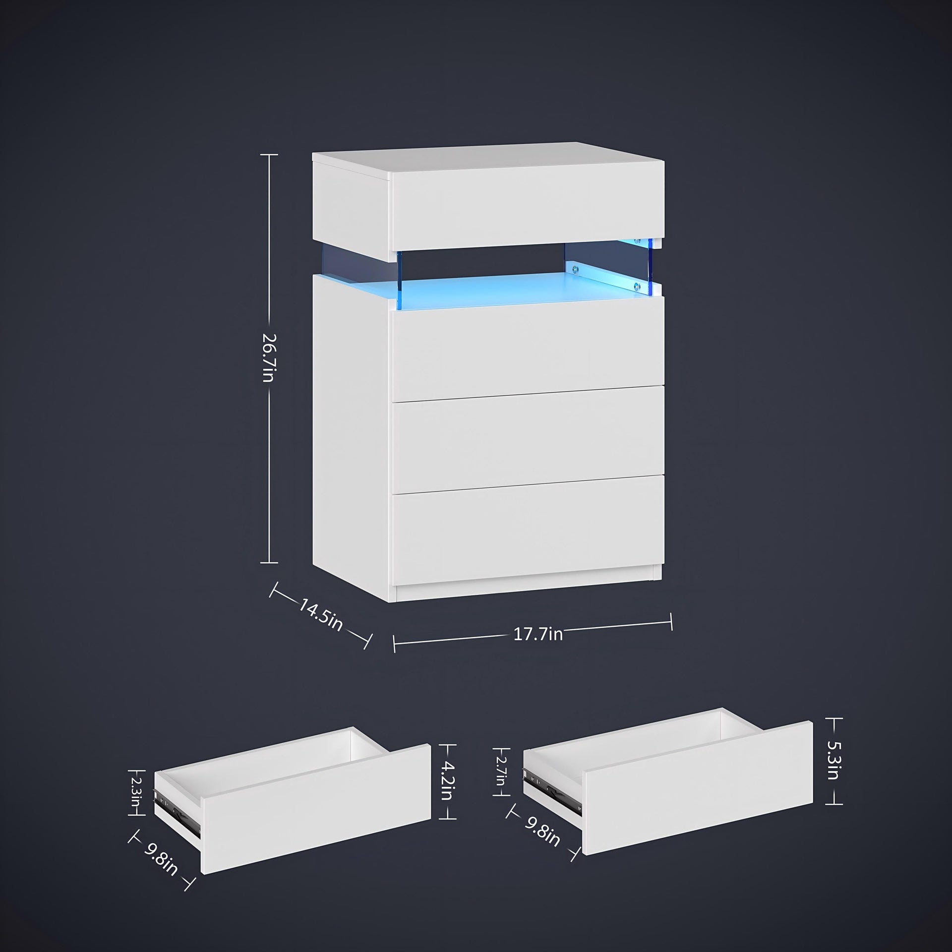 Nightstand with LED Lights, Bedside Table, Side Table with 4 Drawers, Modern Style,White